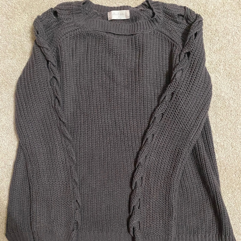 Grey Braided Sleeve Knit Sweater